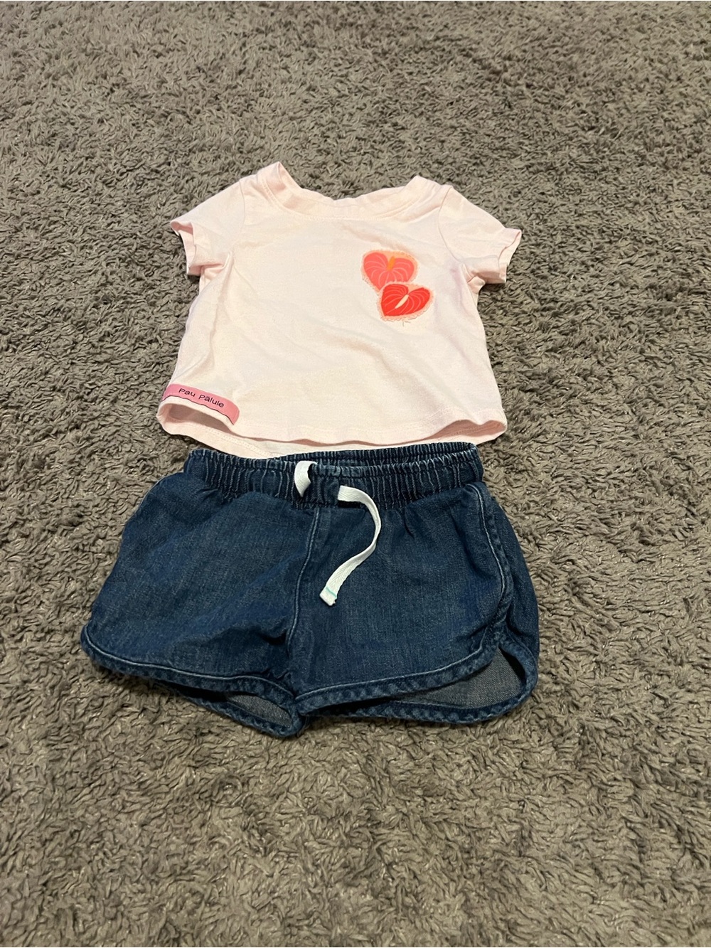 CUSTOM MADE Light Pink Heart Pocket Tee with Denim Drawstring Shorts